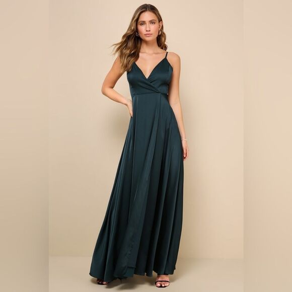 Lulus Ode To Love Emerald Green Satin Maxi Dress Sz S Spaghetti straps - Picture 1 of 12